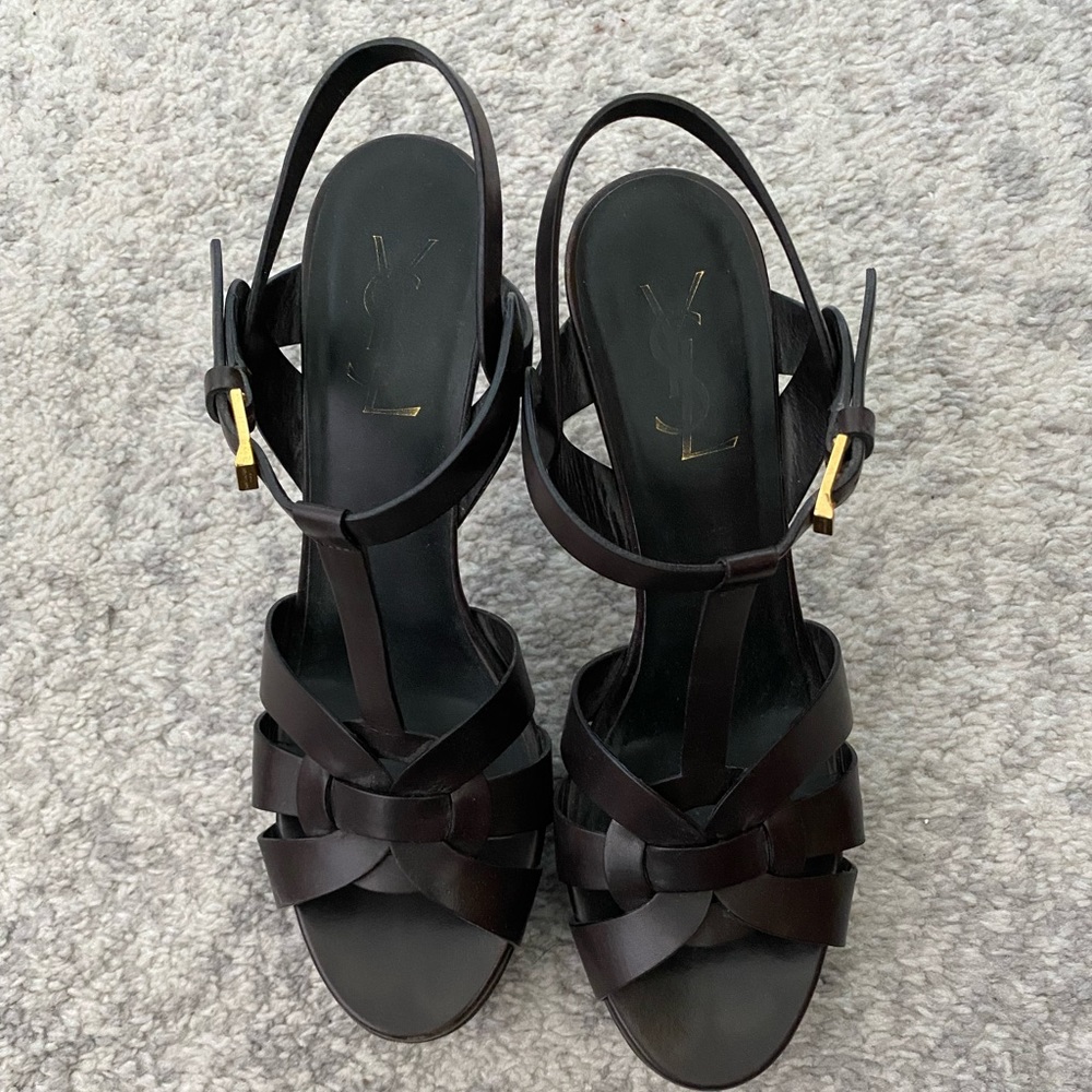 Saint Laurent Paris Dark Brown Leather Tribute Platform Sandlas